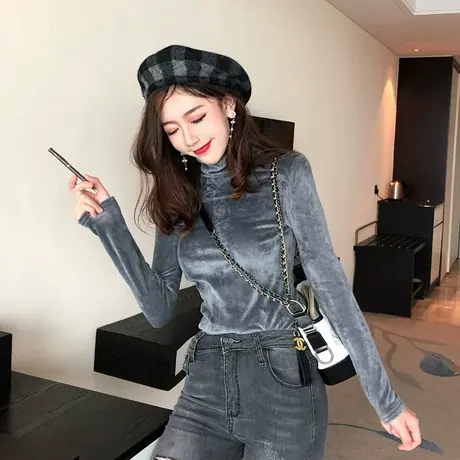 2023秋冬季新款金丝绒高领加厚打底衫女加绒内搭长袖t恤保暖上衣图片