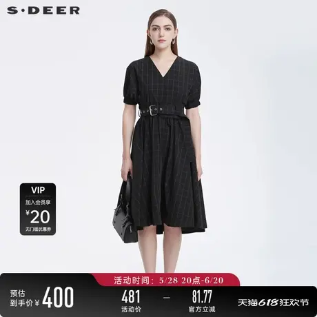 【商场同款】sdeer圣迪奥复古V领撞色格纹收腰连衣裙女S22281266图片