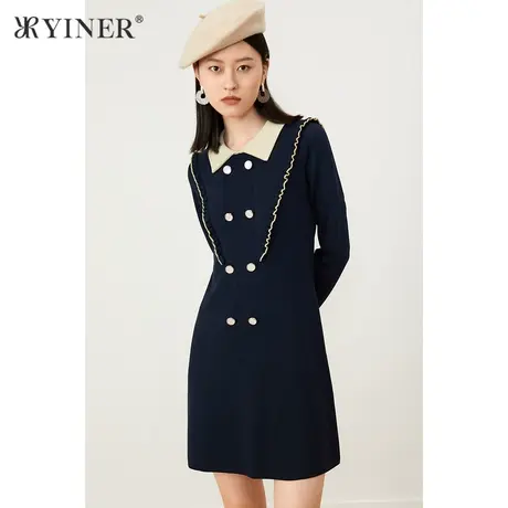 YINER音儿女装2022春季新款翻领木耳边针织连衣裙图片