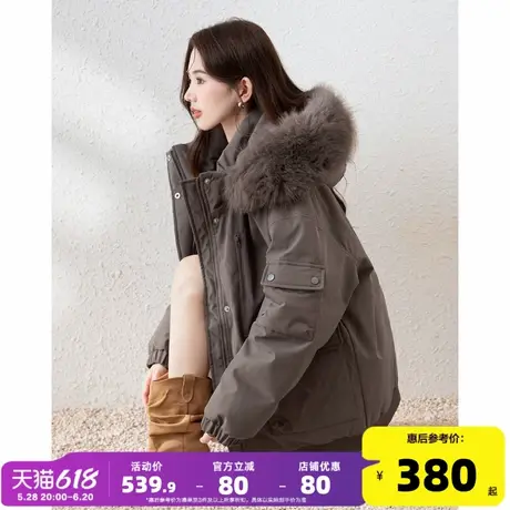 唐狮2024新款灰色连帽羽绒服女冬季加厚鸭绒韩系洋气冬装羽绒外套图片