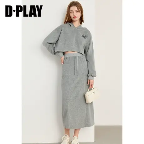 DPLAY 年冬新休闲风高腰直筒版腰头抽绳灰色半身裙卫裙图片