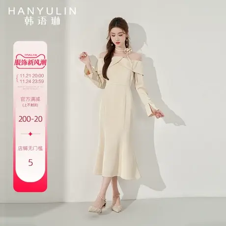 韩语琳一字肩长袖连衣裙女2025新款高级感气质收腰显瘦夏季款裙子图片