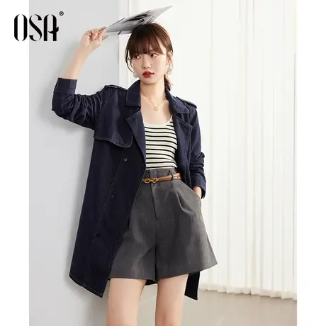 OSA欧莎 藏蓝色中长款流行显瘦牛仔风衣外套早春装女2023年新款图片