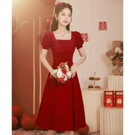 夏季敬酒服新娘结婚便装订婚礼服女红色连衣裙平时可穿小个子中长图片