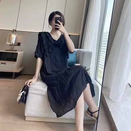 宽松大码裙子褶皱胖mm显瘦夏季减龄连衣裙女炸街薄款长款遮肉2024图片