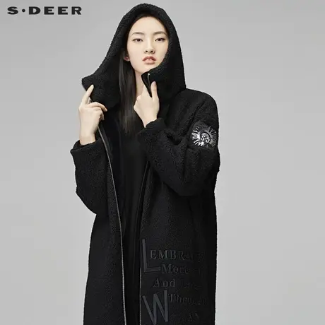 sdeer圣迪奥2018冬装宽松厚实毛绒字母连帽长毛呢大衣女S17481879图片