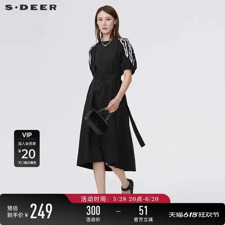 sdeer圣迪奥泡泡袖连衣裙夏装撞色印花收腰长裙S22281249图片
