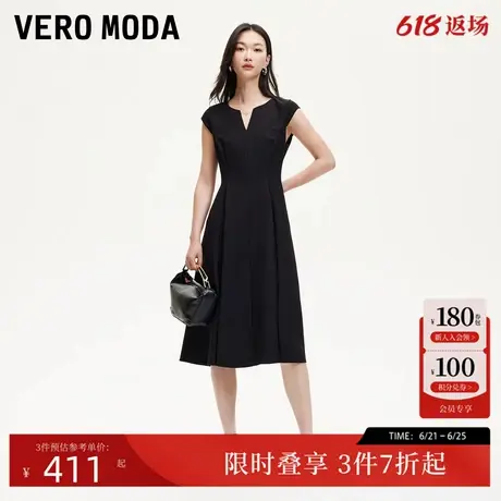 Vero Moda连衣裙女2025夏季新款收腰伞摆V领优雅气质小黑裙图片