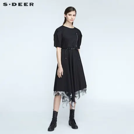 sdeer圣迪奥圆领收腰印花不规则短袖连衣裙S21181222图片