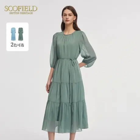 Scofield女装七分袖收腰飘逸灵动薄荷绿连衣裙夏季裙子图片