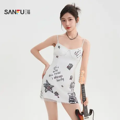 三福连衣裙2025夏季蕾丝下摆复古满版印花收腰裙子女装503843图片