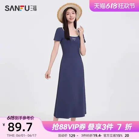 三福连衣裙2025夏季蝴蝶结刺绣方领合身长裙裙子女装498366图片