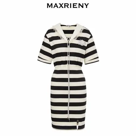 【奥莱】MAXRIENY复古条纹连衣裙收腰卫衣裙polo领裙子图片