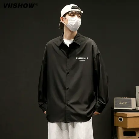 VIISHOW美式复古黑色长袖衬衫男cityboy廓形休闲衬衣2023薄外套图片