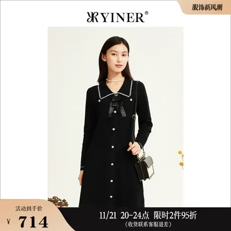 YINER音儿专选女装冬季法式赫本风领结装饰针织连衣裙图片