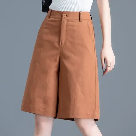 卡其色棉麻短裤女夏季薄款a字阔腿西装五分裤女高腰休闲亚麻中裤图片