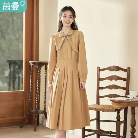 茵曼2023春季女装新款长袖复古泡泡袖系带V领长袖高腰A字连衣裙图片