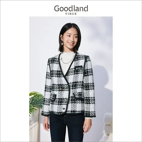 *【小香风】Goodland美地女装冬季轻薄v领短款粗花呢羽绒服图片