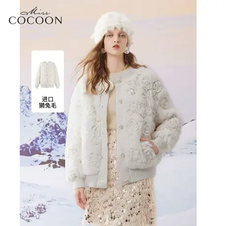 MISSCOCOON老钱风2023冬季新女立体盘花肌理罗纹包边皮草图片