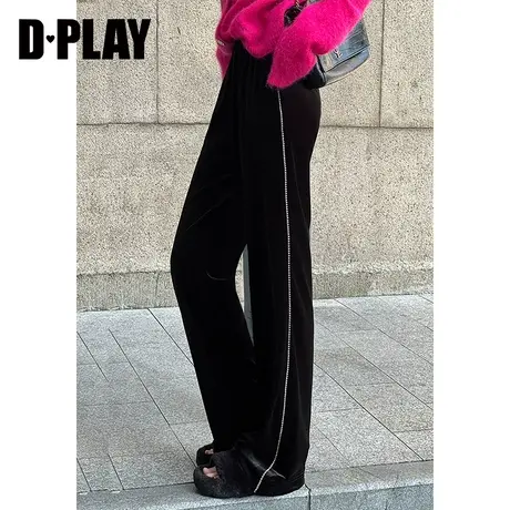 DPLAY2023冬口碑神裤黑色钻链高腰松紧垂感直筒丝绒裤空气裤图片
