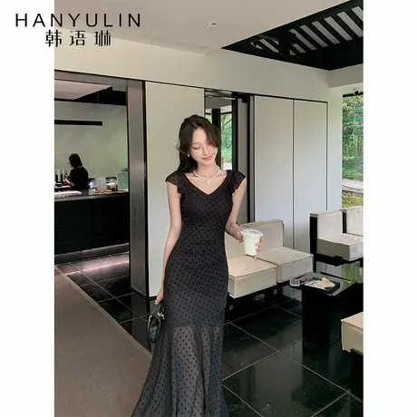 韩语琳 法式黑色波点V领长裙女夏季新款收腰显瘦名媛气质连衣裙图片