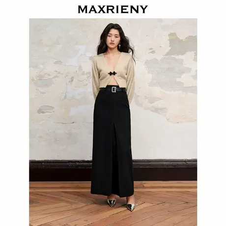 【奥莱】MAXRIENY垂坠感满钻工字褶直筒黑色长裙半裙图片