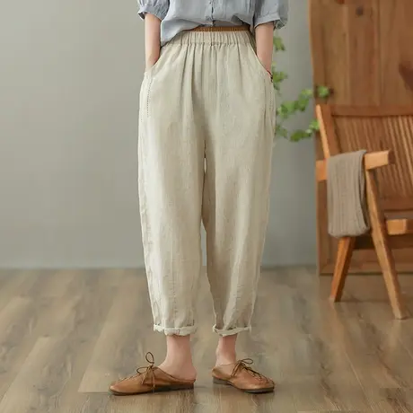 dza 高腰显瘦亚麻休闲裤女2023夏九分萝卜裤直筒裤宽松棉麻哈伦裤图片