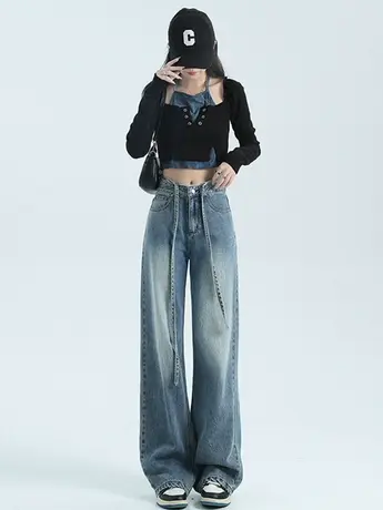 LGKG抽绳高腰牛仔裤女阔腿直筒宽松2023年秋季新款显瘦磨白复古潮图片