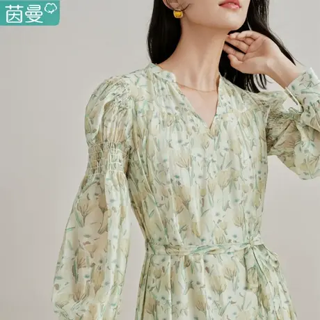 茵曼法式莱赛尔连衣裙女碎花2024年春季新款系带收腰中长a字裙子图片