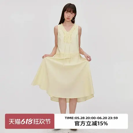 omont蛋挞家复古木耳边V领无袖连衣裙2025夏通勤收腰显瘦中长裙子图片