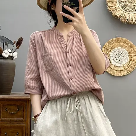 夏季文艺小清新纯棉双层纱中袖条纹衬衫女宽松休闲五分袖上衣百搭图片