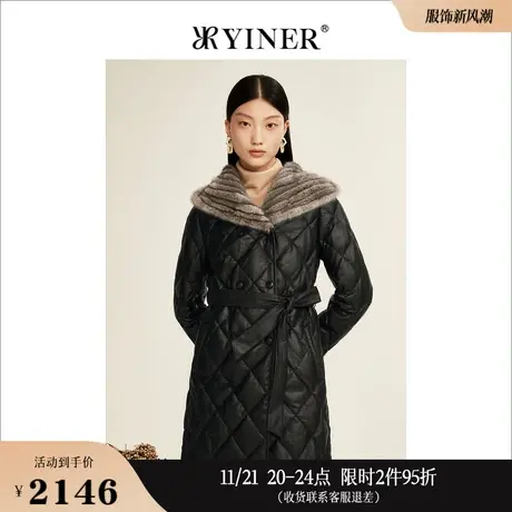 YINER音儿线上专选女装冬季长款水貂毛领真皮白鸭绒羽绒服高级感图片