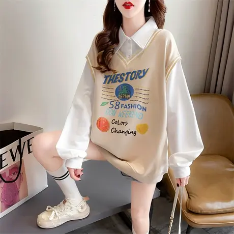 卫衣女春秋季韩版宽松大码女装薄款polo领长袖t恤假两件上衣外套图片