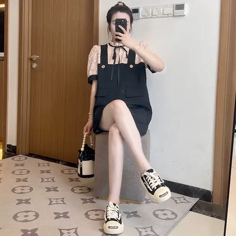 原创小香风蕾丝拼接假两件连衣裙女夏季2024高级感减龄显瘦裙子图片