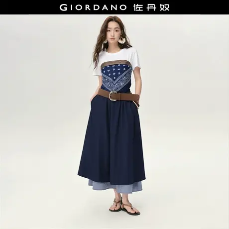 设计师款佐丹奴高腰裙子女拼接格纹下摆松紧腰半身长裙女18465820图片