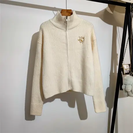 针织拉链开衫毛衣女秋冬新款韩版修身显瘦学院风刺绣立领上衣外穿图片