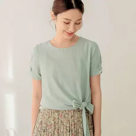 桔熊夏季通勤ol纯色圆领短袖下摆绑带收腰舒适上衣女大码AB17240图片