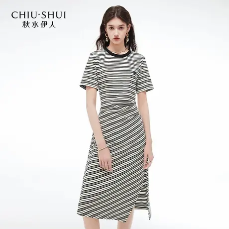 【添添粉丝专享】秋水伊人黑白条纹连衣裙女圆领收腰中长裙图片