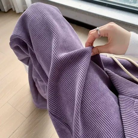 加绒裤子女2023新款秋冬紫色灯芯绒雪尼尔直筒阔腿裤条绒休闲高腰图片