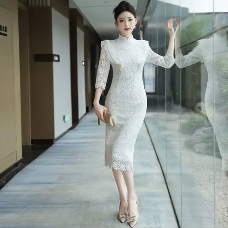 小晚礼服女2024新款秋蕾丝高级感平时可穿法式洋装白色宴会连衣裙图片