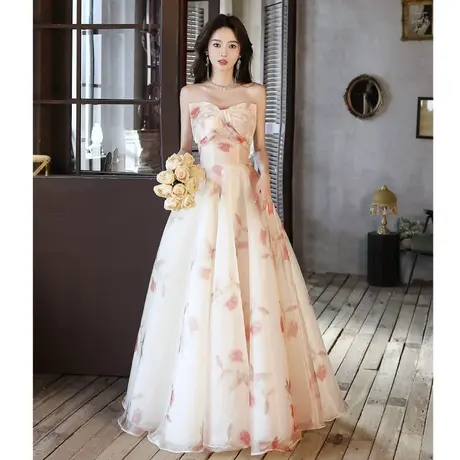 蝴蝶结抹胸晚礼服女高级感高端轻奢小众高定法式超仙轻纱声乐艺考图片