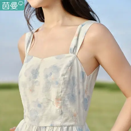 茵曼官方旗舰店亚麻吊带碎花连衣裙女2024年春季新款印花长裙子图片