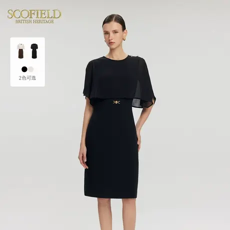 Scofield女装气质假两件撞色圆领雪纺连衣裙披肩2025夏季新品图片