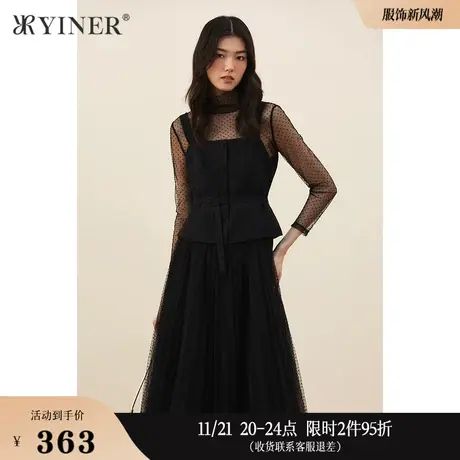 YINER音儿女装秋季拼接网纱波点连衣裙图片