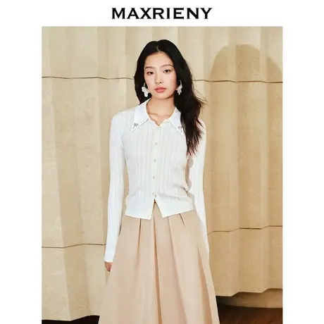 [买4免1]MAXRIENY精致复古感缎面领拼接毛衫2024春季肌理感上衣图片