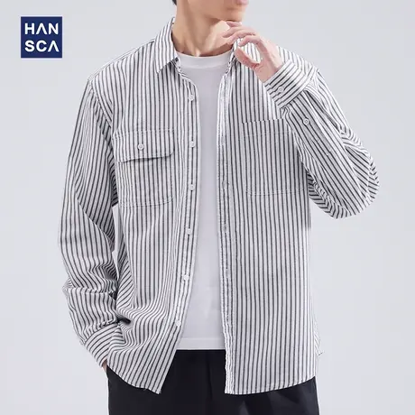 hansca条纹休闲衬衫长袖男2022秋季新款潮流时尚宽松纯棉衬衣外套图片