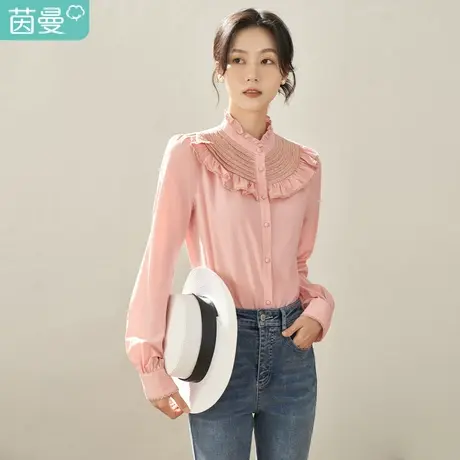 【商场同款】茵曼秋女装新款田园花边立领刺绣长袖衬衫衬衣图片