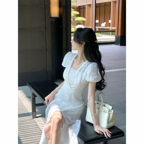 韩语琳 法式白色蕾丝镂空连衣裙夏日独特漂亮高级感气质名媛长裙图片