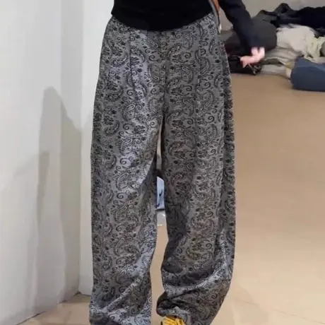 欧货设计感碎花直筒裤长裤女2025夏季新宽松显瘦小个子百搭阔腿裤图片