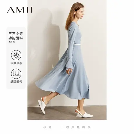 Amii2025夏季新款黑色连衣裙女设计感喇叭袖V领长裙法式收腰裙子图片